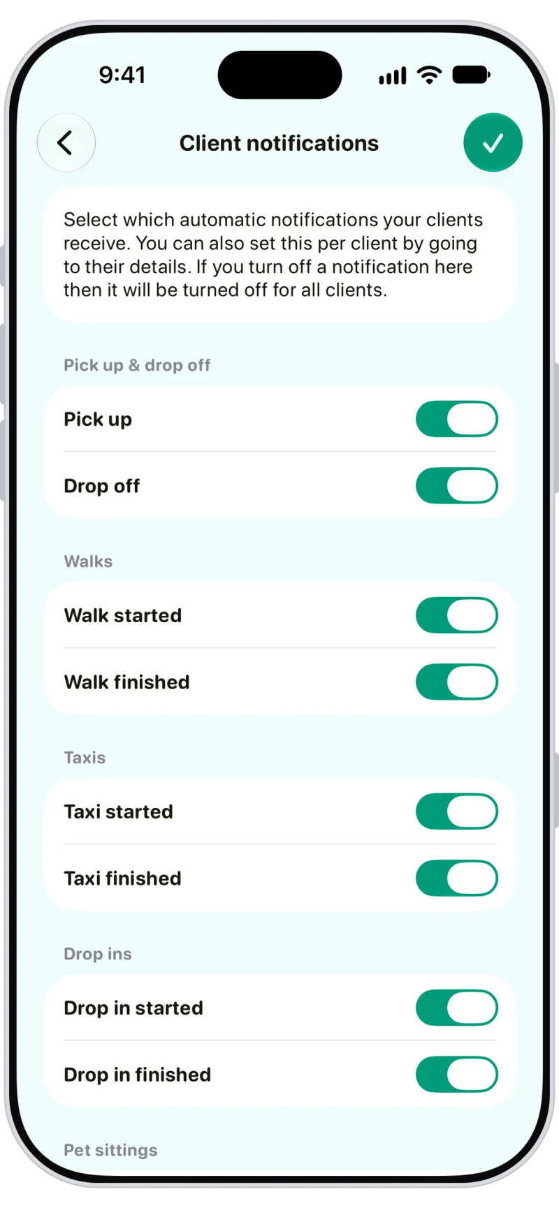 Walkies client notification settings for pick up, drop off, walks, taxis and drop-ins