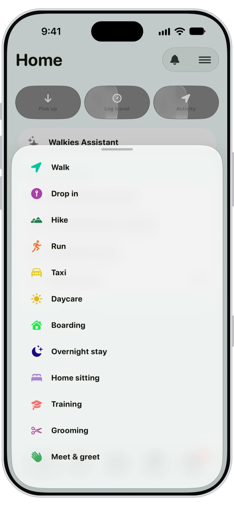 Walkies activity menu with walk, drop in, daycare, boarding, overnight stay, home sitting, training, grooming and meet and greet