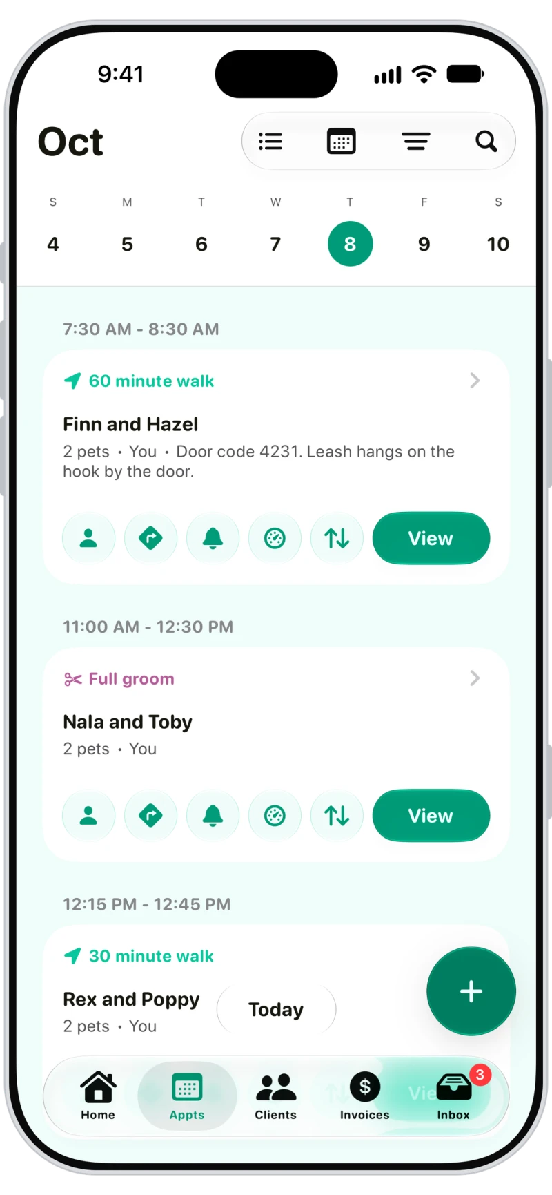 Walkies appointments list with access notes for each visit