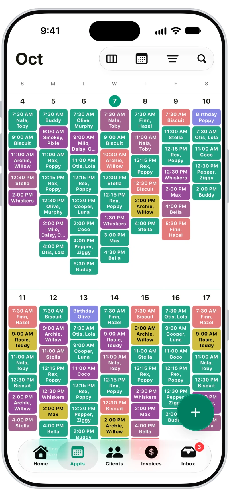 Walkies week calendar color-coded by service
