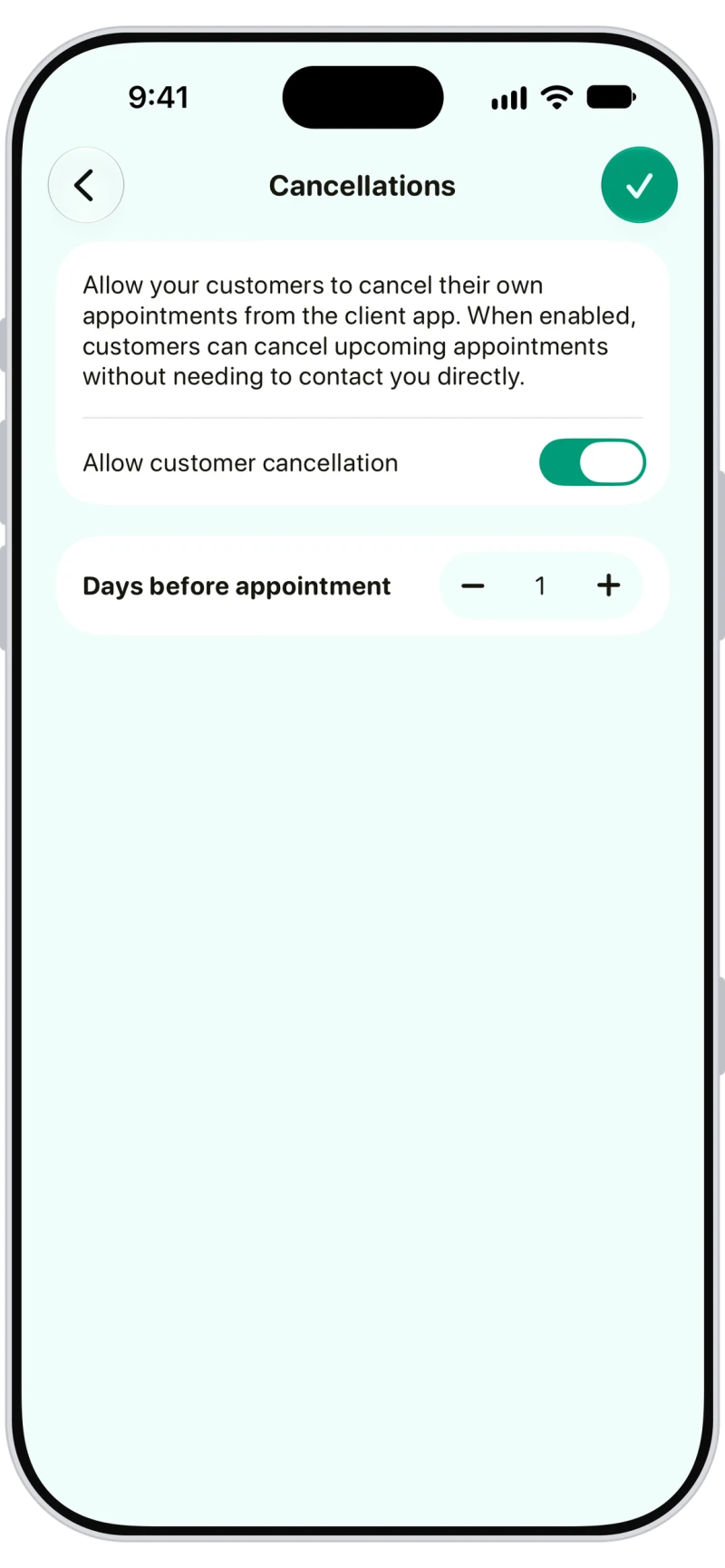 Walkies cancellation settings letting customers cancel up to one day before