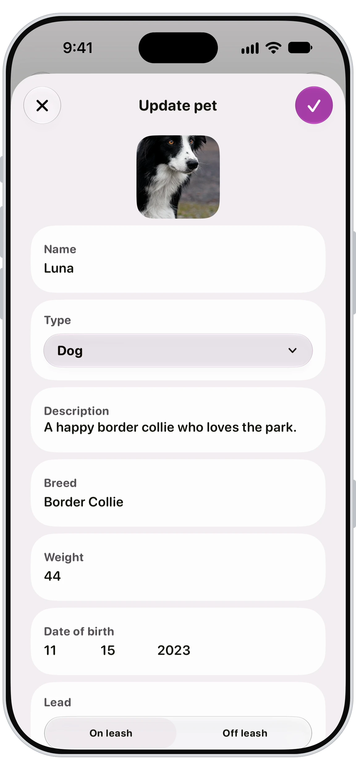 Walkies Journal app showing the pet profile with vet info and photos