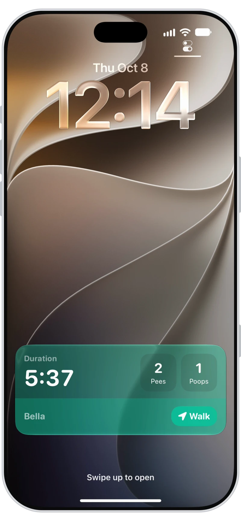 Walkies Live Activity on the iPhone Lock Screen with the walk duration, pees and poops