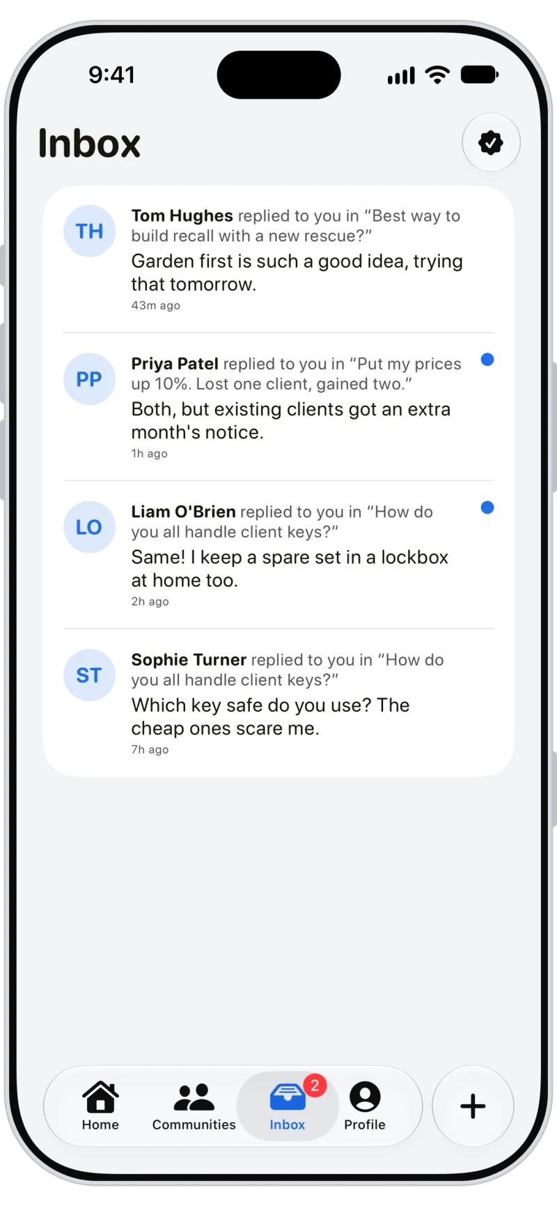 Replies from other sitters in the Walkies Pack inbox