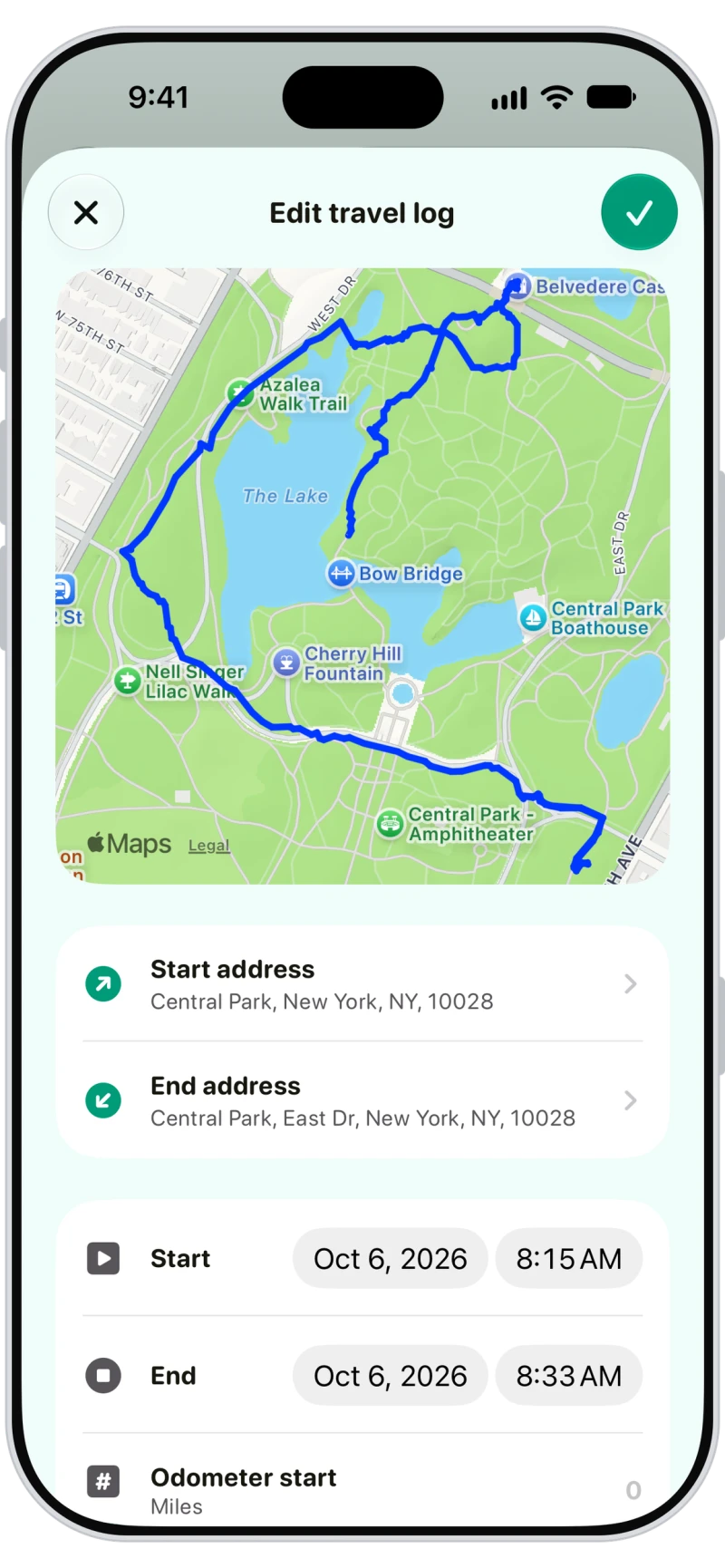 Walkies travel log with the route on a map, start and end addresses and times