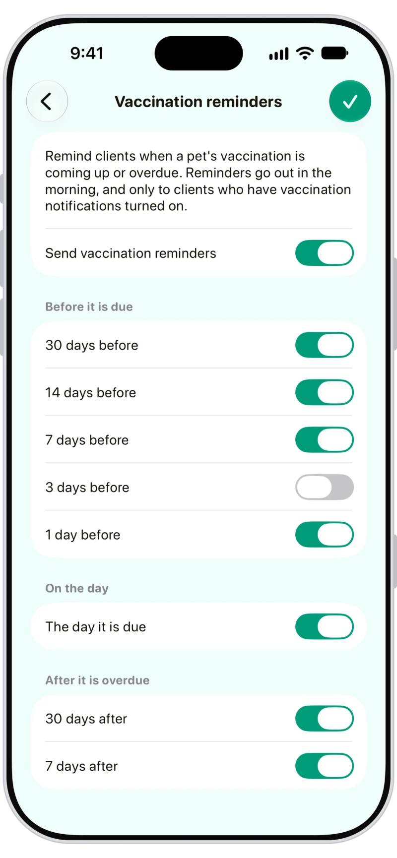 Walkies vaccination reminder settings with reminders 30, 14, 7 and 1 days before, on the day and after it is overdue